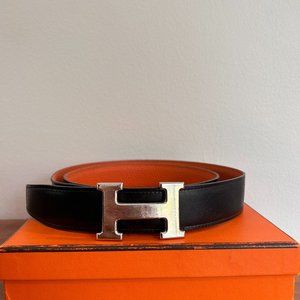 Hermes Orange/Black Reversible Leather Belt Silver H Size 42